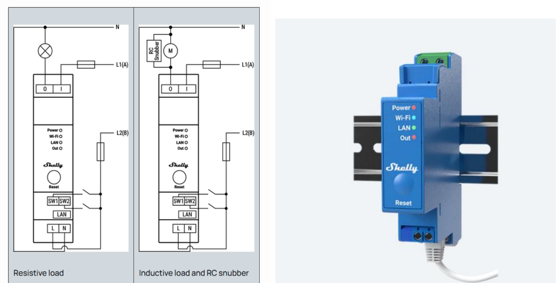 Shelly Pro 1 wiring reference for resistive and inductive loads