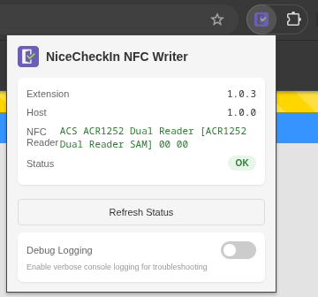 Extension status popup showing Status OK